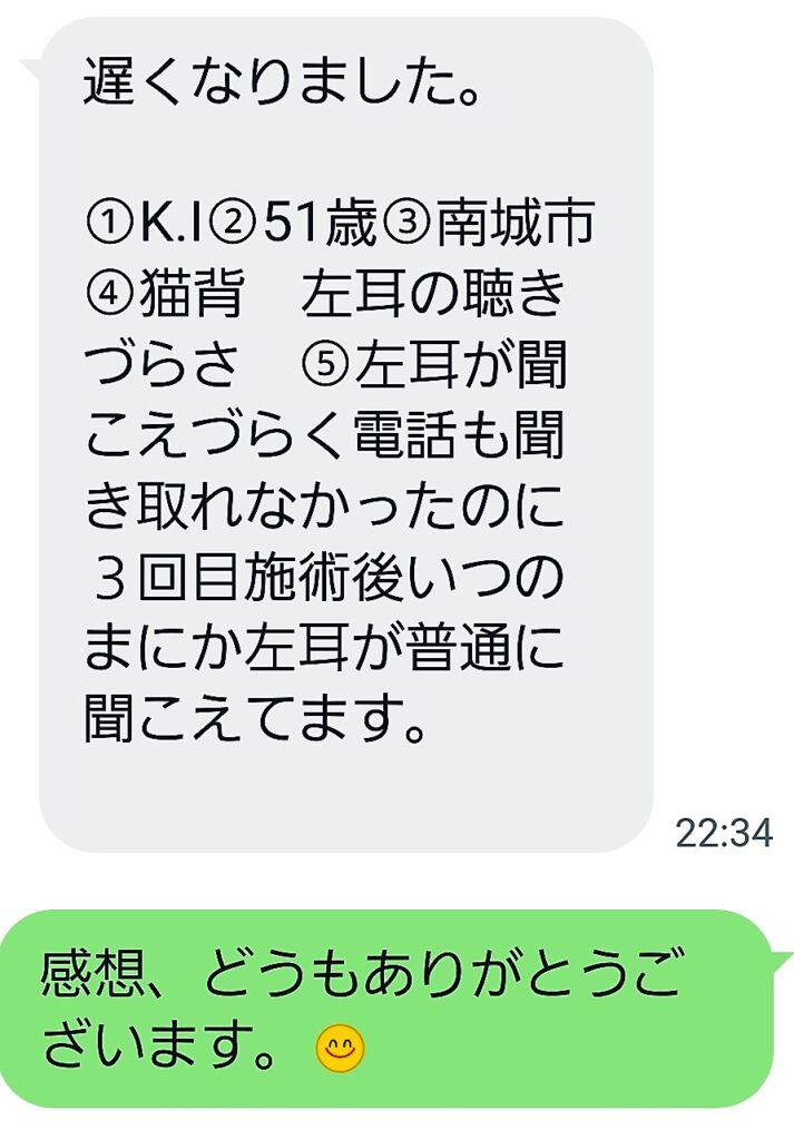 耳が聞こえない、耳鳴り、難聴、ビフォーアフター、姿勢変化、骨格調整、骨格、オステオパシー、沖縄南城市整体院、女性理学療法士、体の不調、姿勢、病気の改善、痛みの原因、根本的な原因、自然治癒力、恒常性